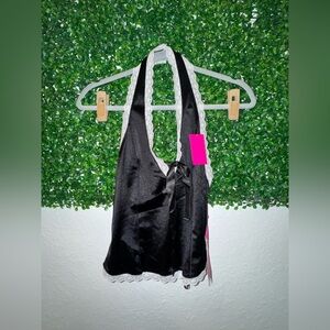 Black Satin Halter Top with Lace Trim - by Paris Hilton